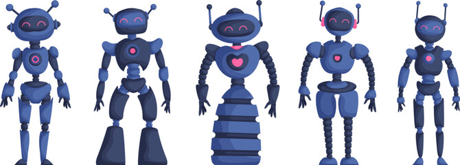 Set of five robot girls isolated on white background. Blue Characters Artificial Intelligence Concept Flat Vector Illustration.