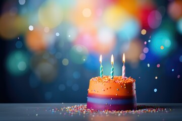Birthday cake with candles, rainbow, multicolored balloons and sparkles, chocolate, sugar and candies, candles, sweet dessert Ai generated - obrazy, fototapety, plakaty