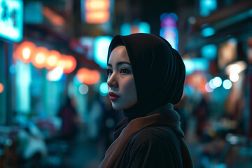 Colorful Bokeh and Cheerful Woman Wearing Hijab Portrait
