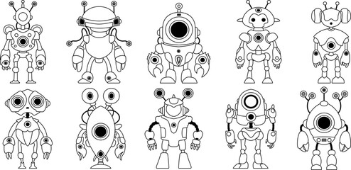 Set of linear black and white robot icons Isolated on white background. Character Artificial Intelligence Concept Flat Vector Illustration.