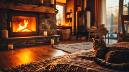 A cozy living room with a fireplace and a cat sleeping - obrazy, fototapety, plakaty