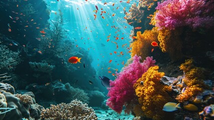 Fototapeta na wymiar A vibrant coral reef underwater with colorful fish and marine life.