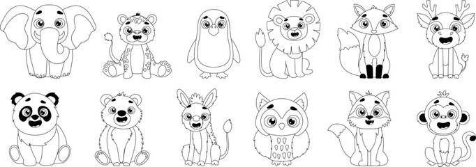Set of cute wild animal icons including lion, fox, deer, elephant, tiger, penguin, owl, wolf, monkey, panda, bear and donkey. Vector black and white linear style illustration of forest animals.