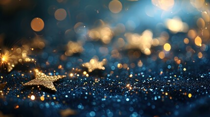 Abstract background with gold stars and sparkling particles on a navy blue backdrop, holiday concept. - obrazy, fototapety, plakaty