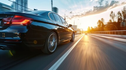 Business car speeding on a highway, rear view, dynamic motion.