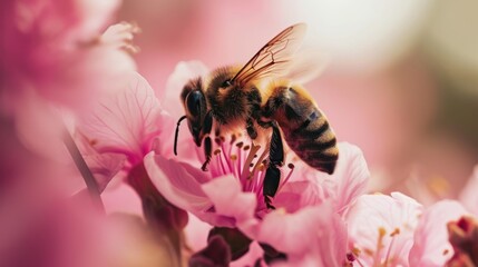 Close-up of a bee pollinating a flower - obrazy, fototapety, plakaty