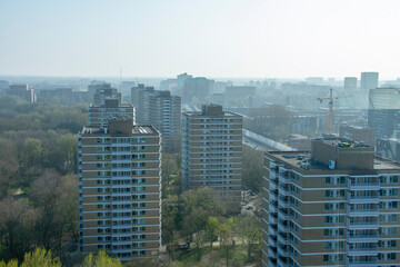 Highrise residential buildings in Amsterdam in foggy afternoon