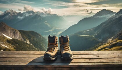 Hiking travel adventure: pair of hiking boots placed on a wooden overlook. majestic mountain landscape in background - obrazy, fototapety, plakaty