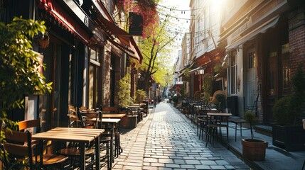 Fashionable urban street with trendy shops and cafes.