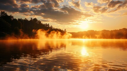 Golden sunrise over a peaceful lake with mist rising from the water.