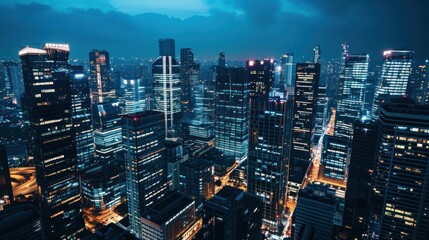 Modern city skyline at night with illuminated skyscrapers