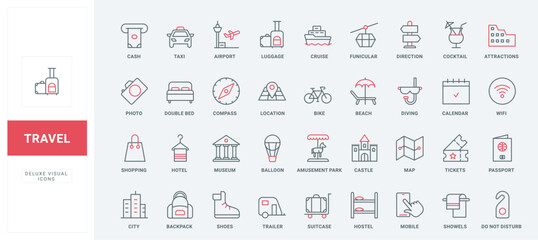 Travel destination of summer vacation, hotel service line icons set. Map direction to museum, tickets to cruise and airplane, funicular thin black and red outline symbols, vector illustration - obrazy, fototapety, plakaty