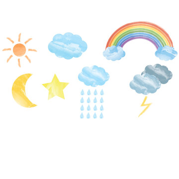 Sun, rainbow, moon, rain, star and cloud.Set of watercolor weather forecast icons.Cute doodle.Kids and childish.Sign, symbol, icon or logo isolated for school.Hand drawning.Vector illustration.