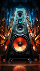 Close-up of super big speakers on colorful background