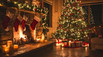 Warm Christmas scene with a cozy fireplace, stockings, and a beautifully decorated tree.
