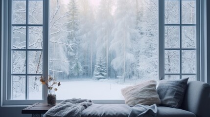 Winter forest landscape viewed from inside a cozy cottage window