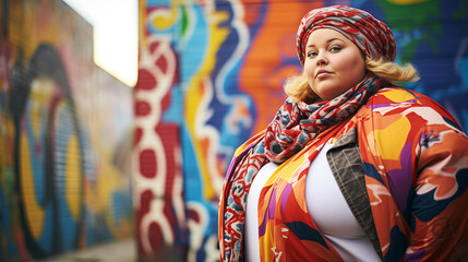 Fototapeta premium Model plus-size against a background of vibrant graffiti generative AI