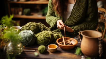Close-up of lady doing knitting - obrazy, fototapety, plakaty