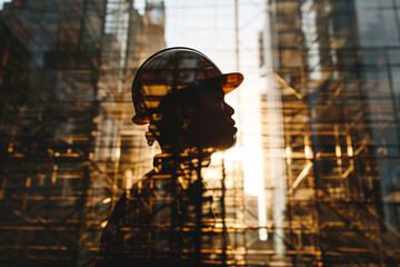 Double exposure portrait photo, construction worker and city space blend together, peace of mind,abstract mentation,meditation,contemplative,philosophy, silhouett,hard hat, building construction