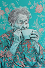 turquoise risograph portrait of a grandmother drinking coffee - obrazy, fototapety, plakaty