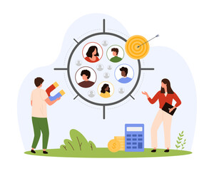 Focus group research. Tiny people holding magnet to attract customers, characters of marketing team search and find heads of clients in aim and study audience of buyers cartoon vector illustration