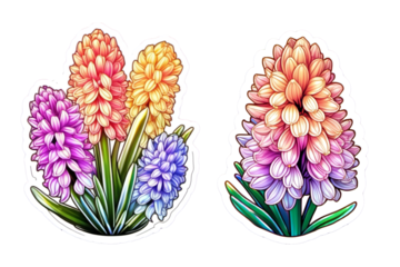 Beautiful pink hyacinth flower sticker on purple background. style of soft holographic iridescence, sticker, soft toffee colors reflective, rounded, high quality, sticker print. 