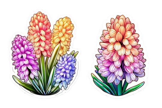 Beautiful pink hyacinth flower sticker on purple background. style of soft holographic iridescence, sticker, soft toffee colors reflective, rounded, high quality, sticker print. 