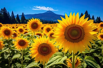 Obraz premium sunflower field over cloudy blue sky background, beauty photo digital picture, AI Generated