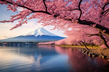 Mt Fuji and Cherry Blossom at Kawaguchiko lake in Japan, AI Generated