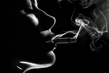 Woman with a cigarette in her mouth, exhaling smoke, black and white, side view, looking to the right