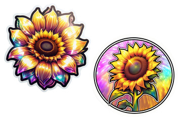 Sunflower round sticker. style of soft holographic iridescence, sticker, soft toffee colors reflective, rounded, high quality, sticker print. - obrazy, fototapety, plakaty