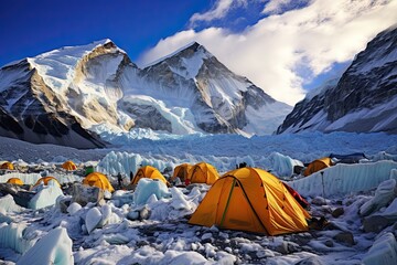 Camping on the glacier in Himalayas, Annapurna Conservation Area, Nepal, AI Generated