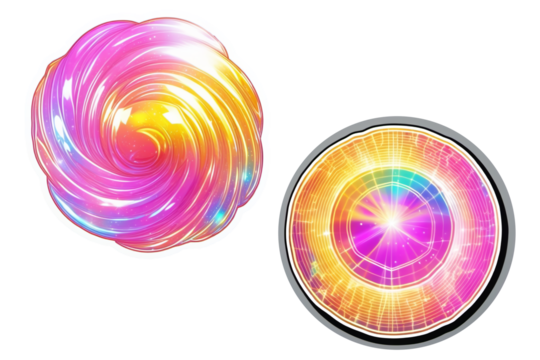Candies, sweets, rainbow candies, round rainbow lollipop, style of soft holographic iridescence, sticker, soft toffee colors reflective, rounded, high quality, sticker print.