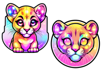 Colorful tiger head with bright rainbow colors. cougar, puma animal polygon. style of soft holographic iridescence, sticker, soft toffee colors reflective, rounded, high quality, sticker print.