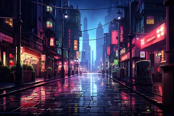 Illustration of a street in the city at night with neon lights, AI Generated