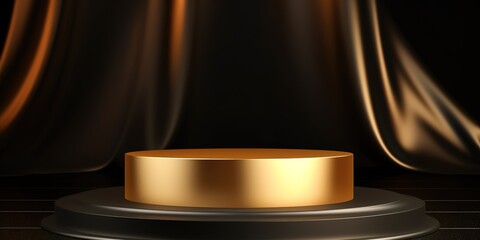 The empty stage has a black background with a luxurious combination of gold colors. generative AI