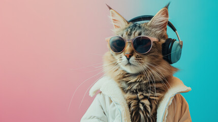 Portrait of funky tabby cat wearing cool glasses and headphones and listening music on a trendy...