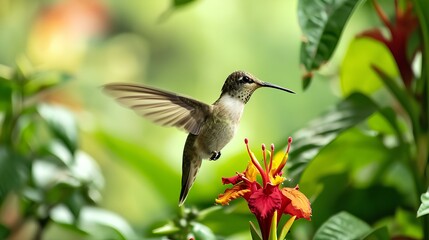 a hummingbird hovering near a vibrant flower, its wings a blur of motion, with a lush green garden in the background, peaceful. generative AI