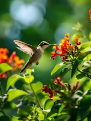 Fototapeta premium a hummingbird hovering near a vibrant flower, its wings a blur of motion, with a lush green garden in the background, peaceful. generative AI
