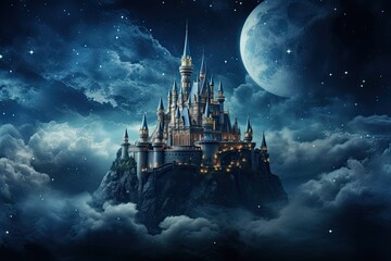 Magic Fairy Tale Princess Castle in the clouds. 3D Rendering, AI Generated - obrazy, fototapety, plakaty
