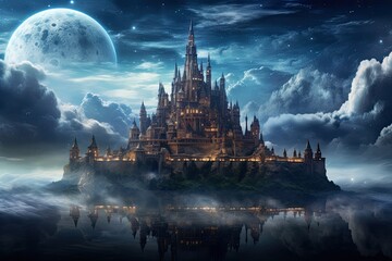 Magic Fairy Tale Castle. Fantasy landscape with castle and full moon, AI Generated