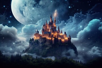 Magic Fairy Tale Castle on the hill. Fantasy and fairy tale concept, AI Generated - obrazy, fototapety, plakaty