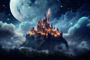 Fotobehang Magic Fairy Tale Castle on the hill. Fantasy and fairy tale concept, AI Generated © Iftikhar alam