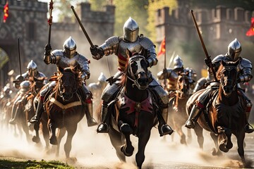 Medieval battle with cavalry and infantry on horseback in the arena, AI Generated