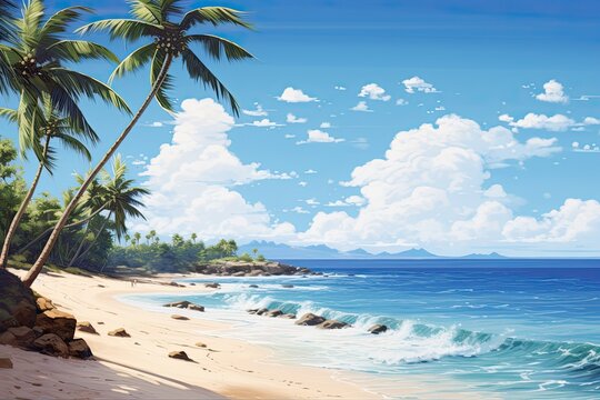 Tropical beach with palm trees and blue sky with white clouds, AI Generated