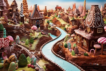 Fototapeta premium Gingerbread houses in the form of a river. 3d rendering, AI Generated