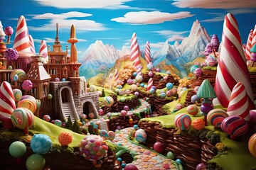 Candy land with a castle in the background - 3d render, AI Generated