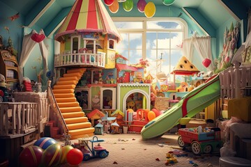 Children's playroom with toys in the style of a fairy tale, AI Generated