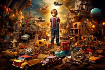 Little boy playing with toys in a fantasy world. Fantasy and imagination, AI Generated
