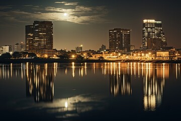 Fototapeta na wymiar Cityscape at night with reflection in the lake, Bangkok, Thailand, AI Generated